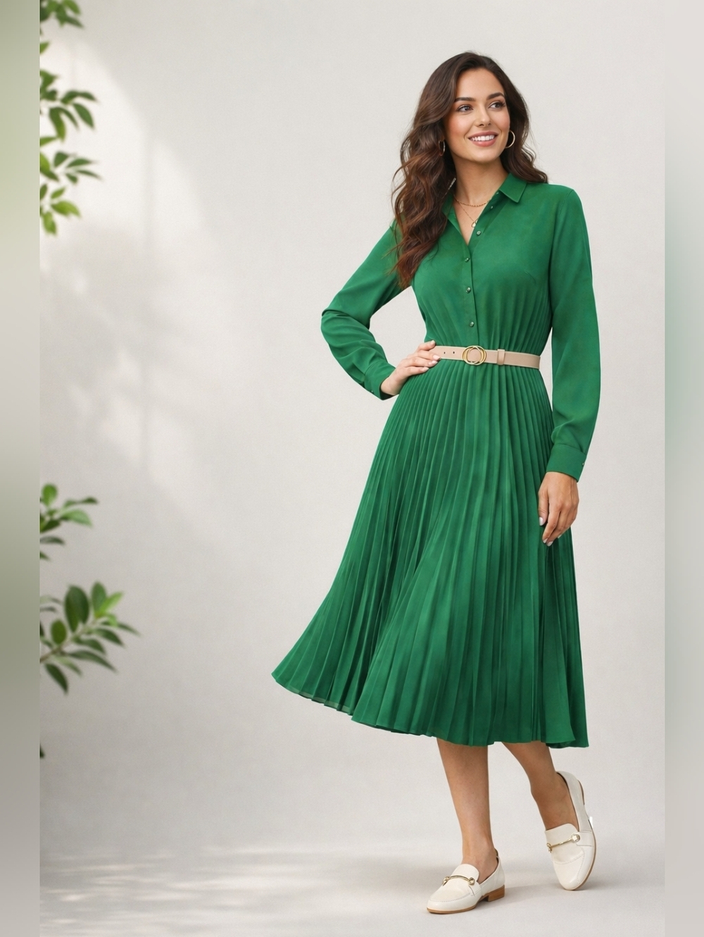 Abletree Emerald Green Pleated Midi Dress Belted Long Sleeve A-Line #551